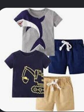 Toddler Shark & Construction Truck   T-Shirt and Short Set - Gray, Navy, Khaki
